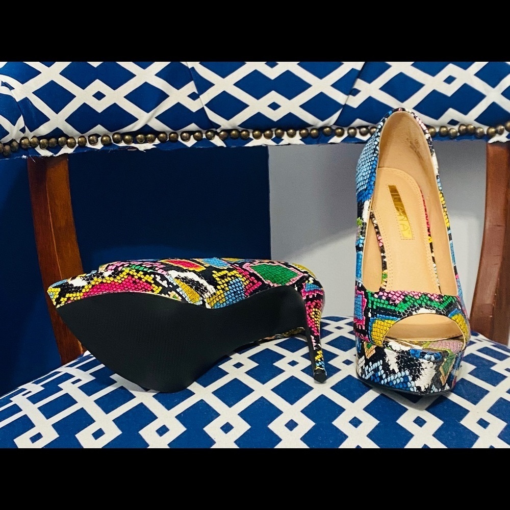 Multi Color Snake Print Pointy Peep Toe Platform … - image 8